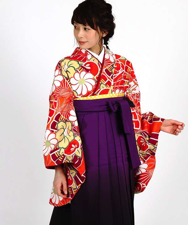 卒業式袴レンタル | ソレイユオレンジに檜扇と橘 紫濃暈し袴 | hataori
