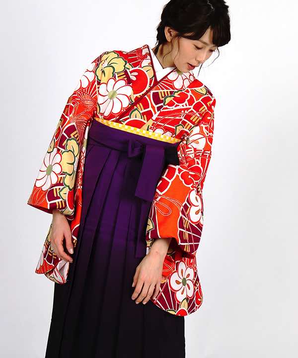 卒業式袴レンタル | ソレイユオレンジに檜扇と橘 紫濃暈し袴