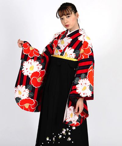 卒業式袴 | 赤×黒 紅白椿 桜刺繍の黒袴