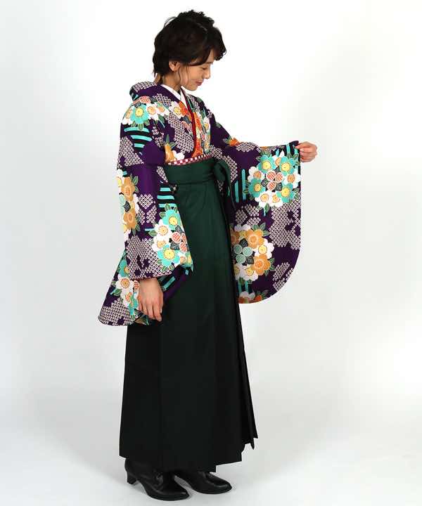卒業式袴レンタル | 紫地に絞り調梅と桜丸 緑濃暈し袴