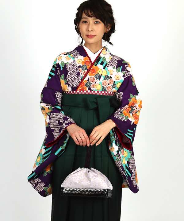 卒業式袴レンタル | 紫地に絞り調梅と桜丸 緑濃暈し袴