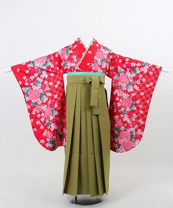 卒業式袴(小学生用)レンタル | 赤地に桜と椿 鶯色袴