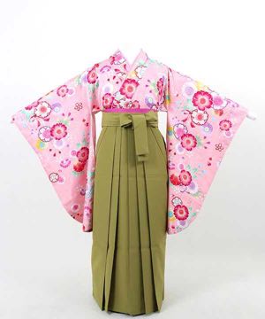 卒業式袴(小学生用) | ピンク地に可愛らしい桜 鶯色袴