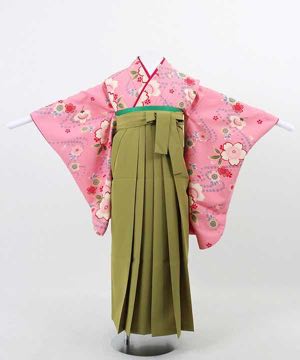 卒業式袴(小学生用) | ピンク地に流水桜文様 鶯色袴