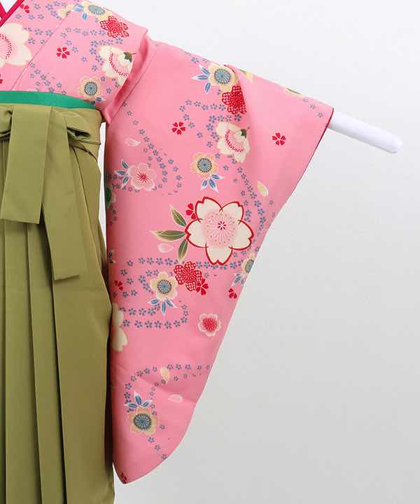 卒業式袴(小学生用)レンタル | ピンク地に流水桜文様 鶯色袴