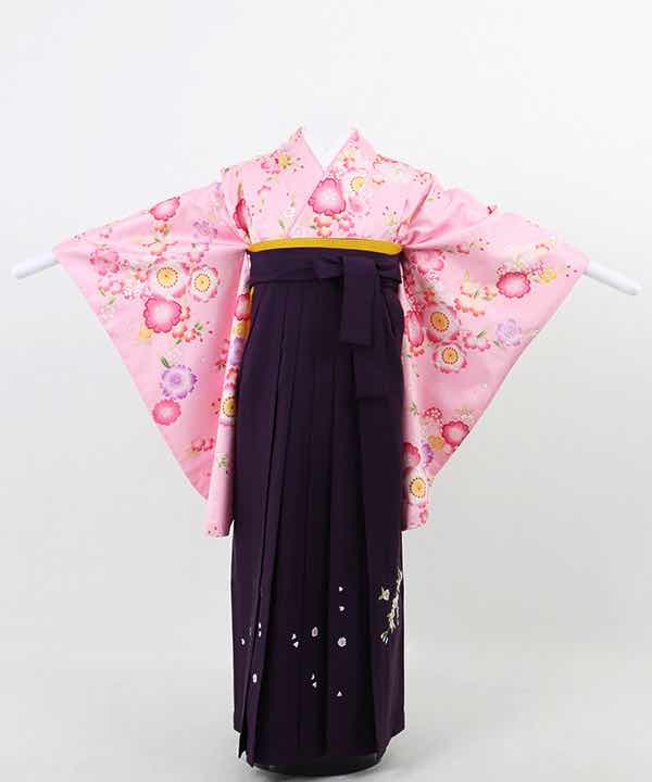 卒業式袴(小学生用)レンタル | ピンク地に桜尽くし 刺繍入り濃紫袴