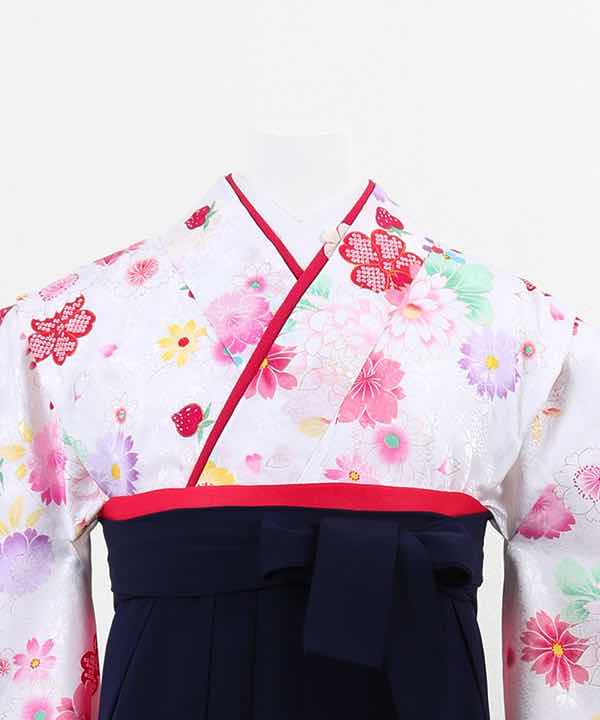 卒業式袴(小学生用)レンタル | 白地に桜と菊 濃紺袴