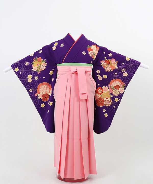 卒業式袴(小学生用)レンタル | 紫地に花丸文と麻の葉文様 薄ピンク袴