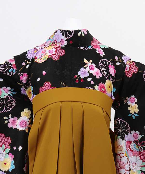 卒業式袴(小学生用)レンタル | 黒地に色とりどりの桜と菊 辛子色袴