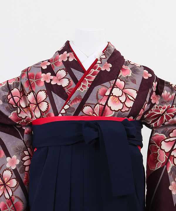 卒業式袴(小学生用)レンタル | 小豆地矢絣 桜と菊 濃紺袴