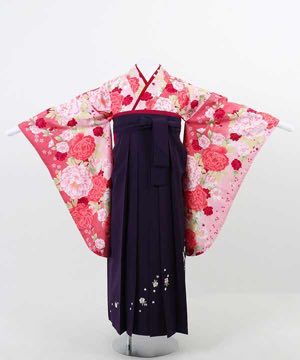 卒業式袴(小学生用) | 濃淡ピンク地に桜と牡丹 刺繍入り濃紫袴