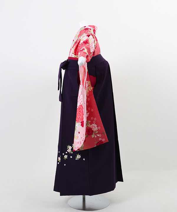 卒業式袴(小学生用)レンタル | 濃淡ピンク地に桜と牡丹 刺繍入り濃紫袴