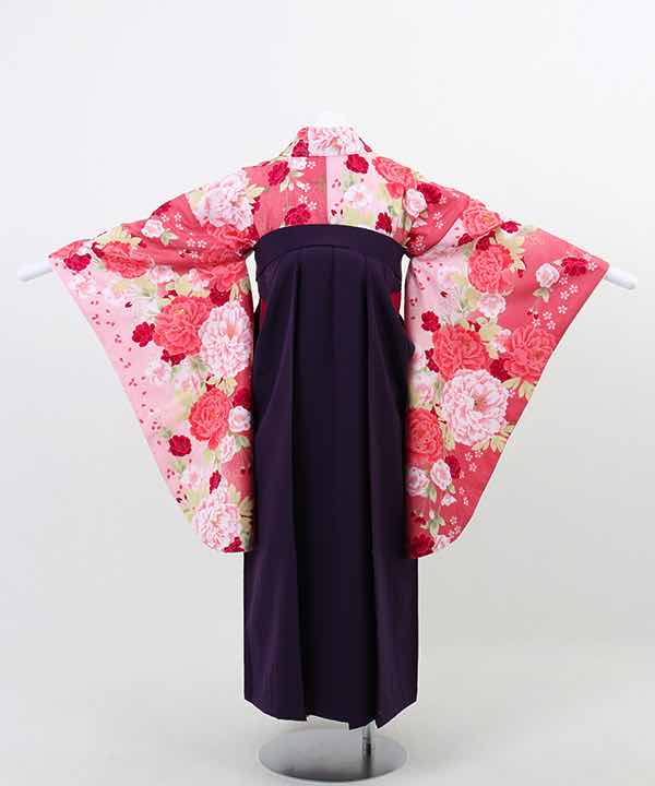 卒業式袴(小学生用)レンタル | 濃淡ピンク地に桜と牡丹 刺繍入り濃紫袴
