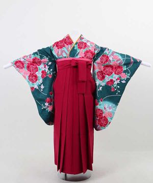 卒業式袴(小学生用) | 緑地に丸曲線と薔薇 赤袴