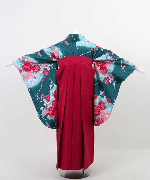 卒業式袴(小学生用)レンタル | 緑地に丸曲線と薔薇 赤袴