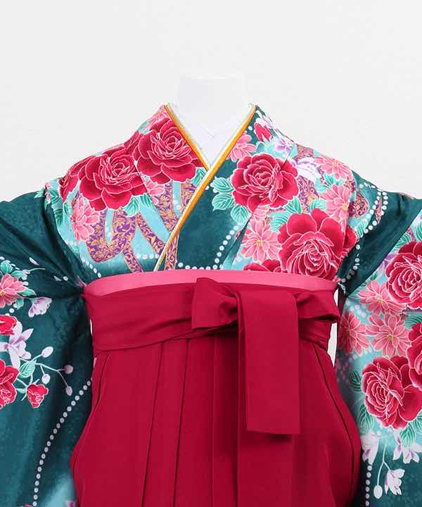 卒業式袴(小学生用)レンタル | 緑地に丸曲線と薔薇 赤袴