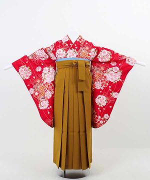 卒業式袴(小学生用) | 赤地に桜の花丸文と蝶 辛子色袴