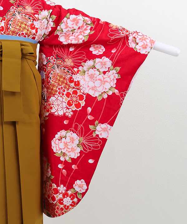 卒業式袴(小学生用)レンタル | 赤地に桜の花丸文と蝶 辛子色袴