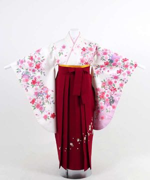 卒業式袴(小学生用) | 白地にピンク暈しと満開の桜 刺繍入り赤袴