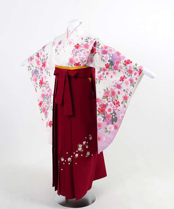 卒業式袴(小学生用)レンタル | 白地にピンク暈しと満開の桜 刺繍入り赤袴
