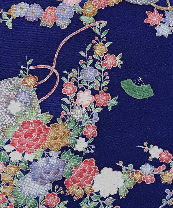 お洒落着物レンタル | 紺色地に菊と牡丹の花籠文様と扇 | hataori 