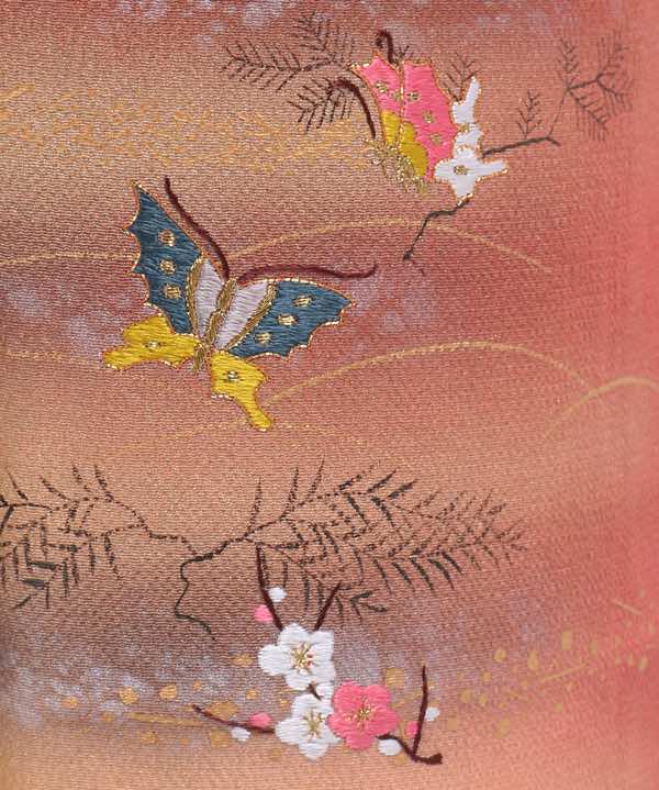訪問着レンタル | 正絹 赤茶地にベージュ暈し 梅と蝶