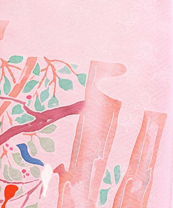 訪問着レンタル | 正絹 薄ピンク地に菊紗綾形 木々に鳥