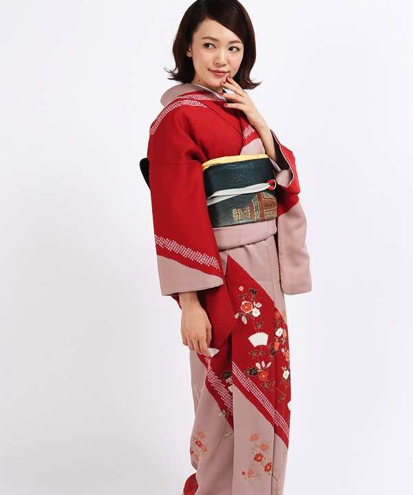 訪問着レンタル | 正絹 赤×ピンク段替り 椿と絞り調 | hataori(ハタオリ)