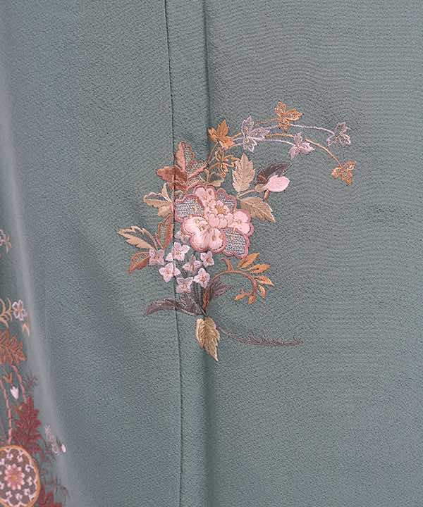 訪問着レンタル | 正絹 エメラルドグリーンに唐花調ライン模様と花束