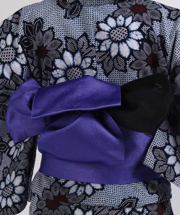 浴衣レンタル | 濃紺地に二色の向日葵 紫×黒地の帯