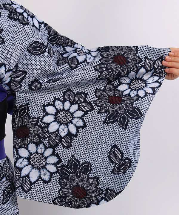浴衣レンタル | 濃紺地に二色の向日葵 紫×黒地の帯