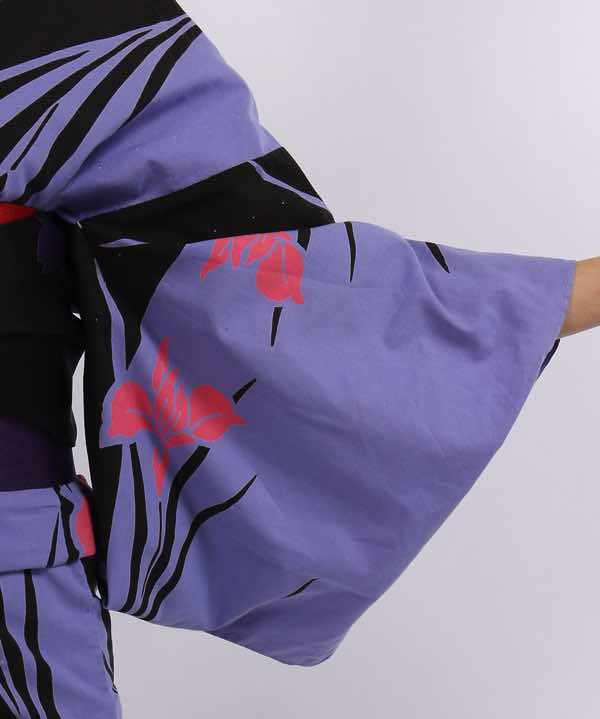 浴衣レンタル | 青紫地に百合模様 赤×紫×黒地に桜文様の帯