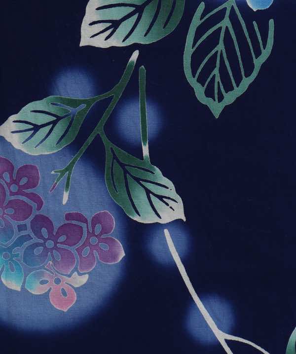 浴衣レンタル | 濃青地に二種類の紫陽花模様 赤地の帯 | hataori(ハタオリ)