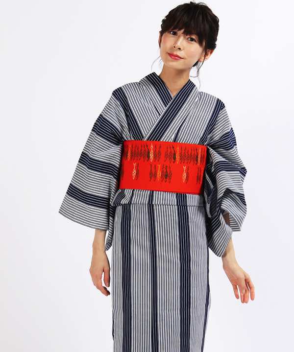 浴衣レンタル | 濃紺の縦縞模様 魚モチーフ柄の帯 | hataori(ハタオリ)