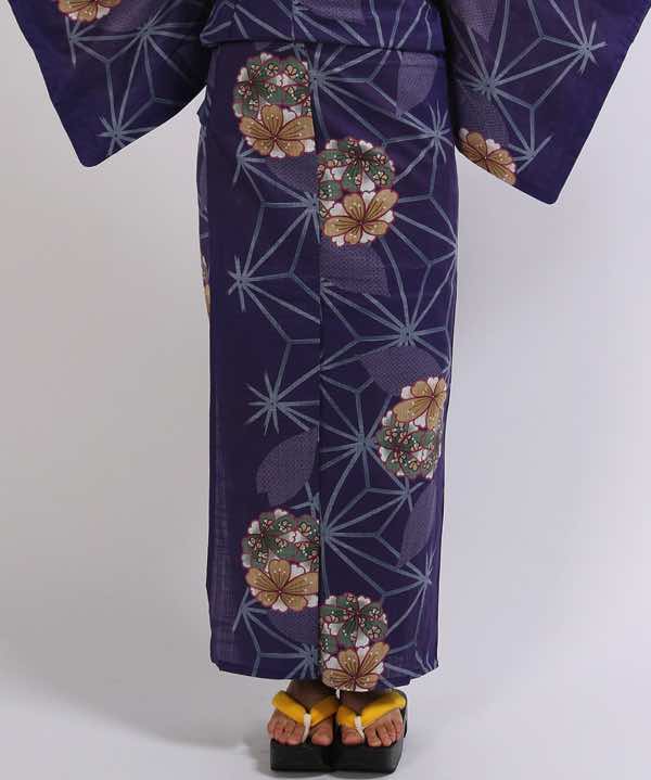 浴衣レンタル | 紫色地に麻の葉文様と桜モチーフの花丸文 黄色地の帯