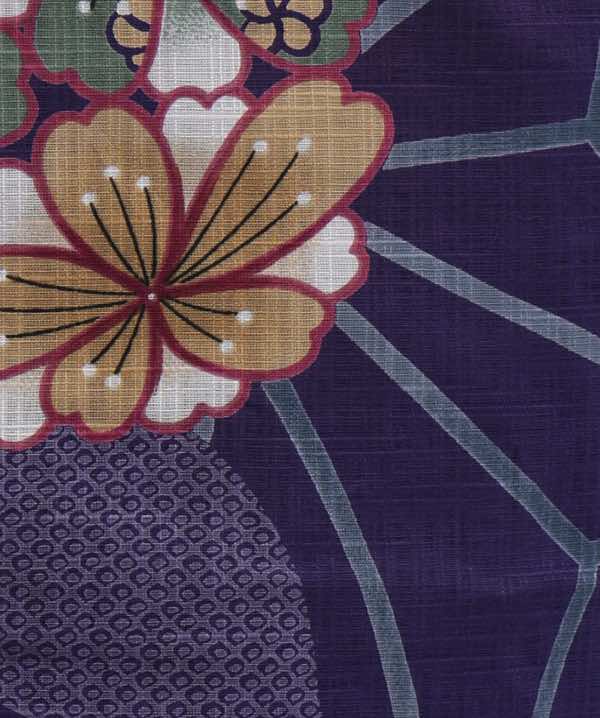 浴衣レンタル | 紫色地に麻の葉文様と桜モチーフの花丸文 黄色地の帯