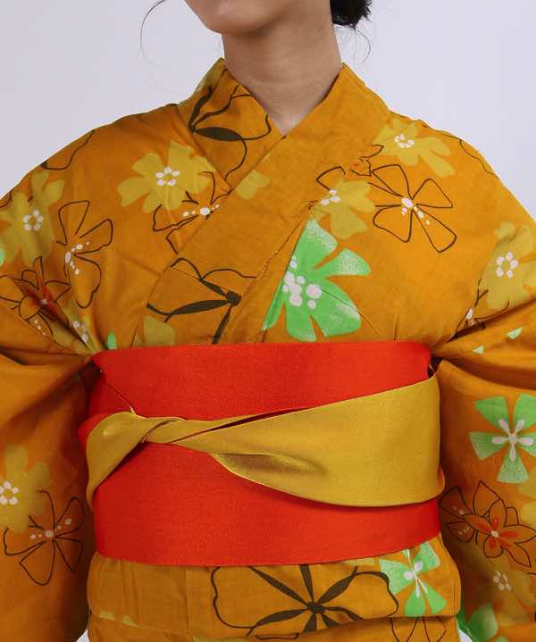 浴衣レンタル 濃黄色地にポップな花模様 橙×黄色地の帯 hataori(ハタオリ)