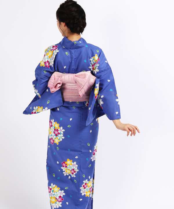 浴衣レンタル | 青紫色地に桜花丸文 薄ピンク色地に模様入り帯