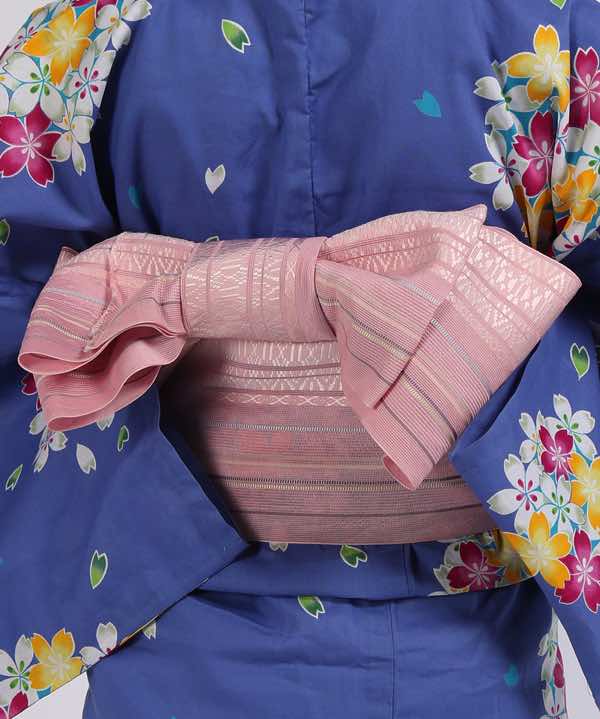浴衣レンタル | 青紫色地に桜花丸文 薄ピンク色地に模様入り帯