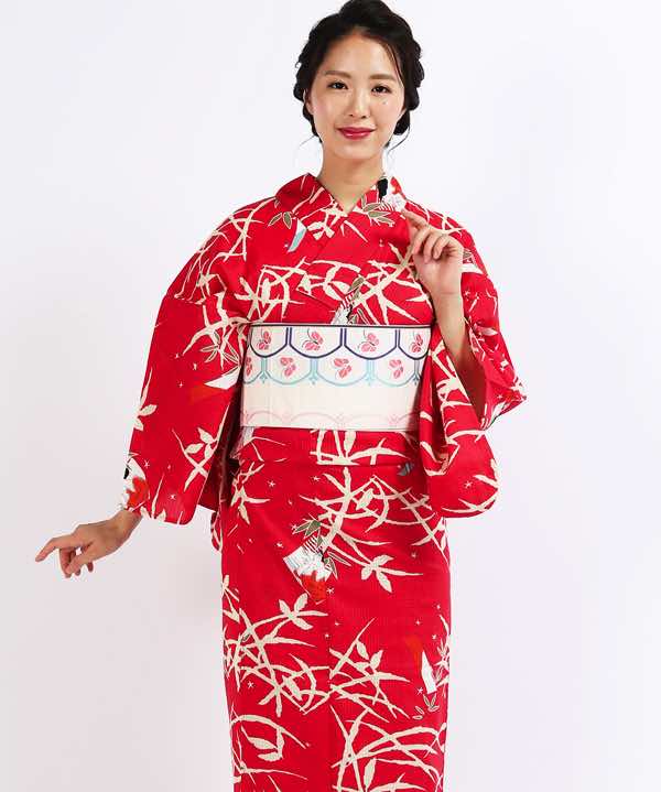 浴衣レンタル | 赤地に七夕笹と昭和レトロの美人画 白地にピンクの蝶模様の帯