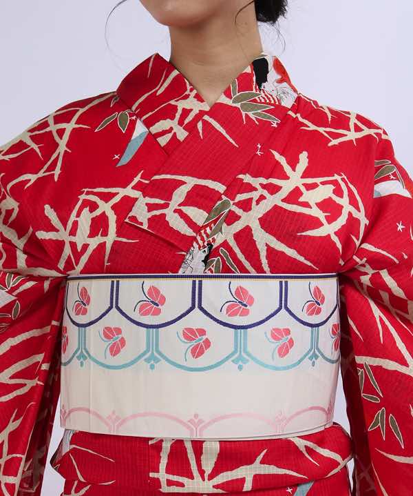 浴衣レンタル | 赤地に七夕笹と昭和レトロの美人画 白地にピンクの蝶模様の帯