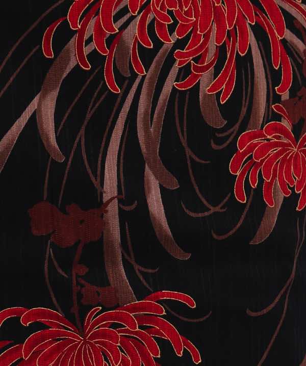 浴衣レンタル | 黒地に赤茶色の乱菊模様 白地に麻葉文様の帯