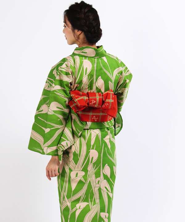 浴衣レンタル | 黄緑に海芋の縦模様 格子に絣調模様入りの帯 | hataori 