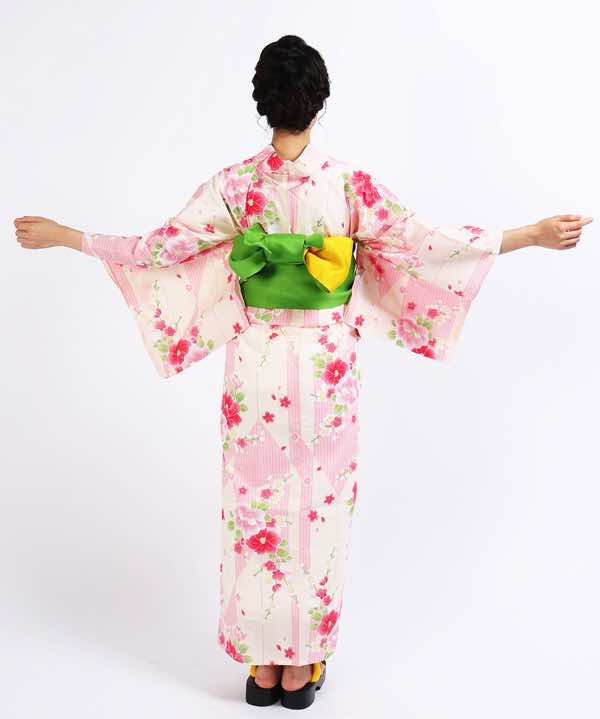 浴衣レンタル | 薄ピンク地に矢絣 梅と椿模様 二色地の帯 | hataori