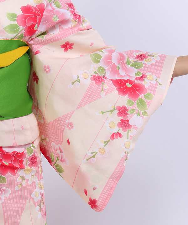 浴衣レンタル | 薄ピンク地に矢絣 梅と椿模様 二色地の帯