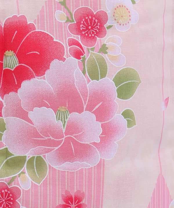 浴衣レンタル | 薄ピンク地に矢絣 梅と椿模様 二色地の帯 | hataori 