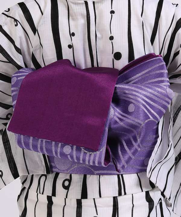 浴衣レンタル | 白地に縦縞に水玉模様 紫地に縞と水玉模様の帯