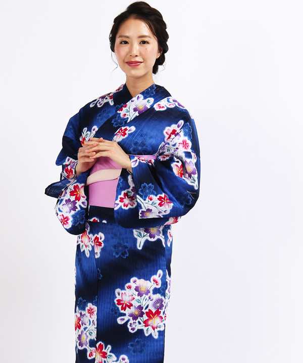 浴衣レンタル | 濃青地の二色の段暈しと桜模様 二色地の帯 | hataori