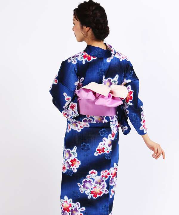 浴衣レンタル | 濃青地の二色の段暈しと桜模様 二色地の帯 | hataori 