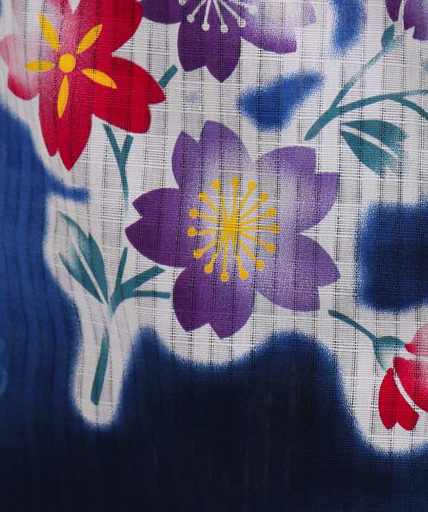 浴衣レンタル | 濃青地の二色の段暈しと桜模様 二色地の帯